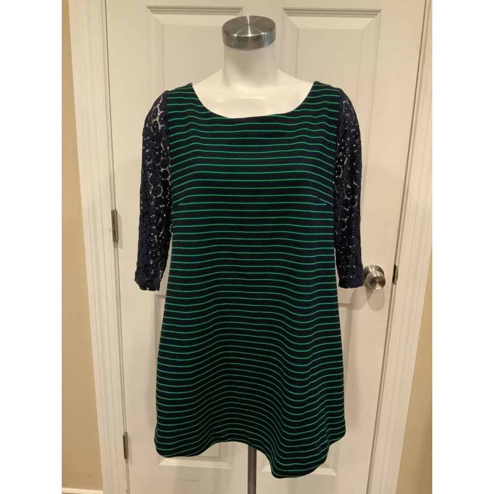 Postmark Navy Blue & Green Striped Shift Dress W/ Lace Sleeves, Size L